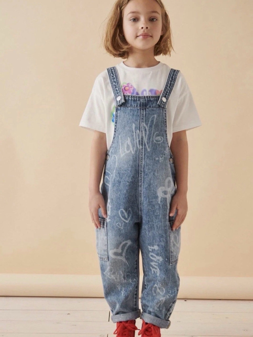 NEXT Girls Denim Graffiti Overalls - Size 6 - “Love” 💙